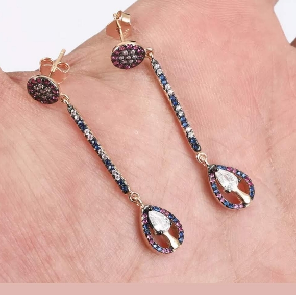 Long teardrop topaz, ruby & sapphire earring set